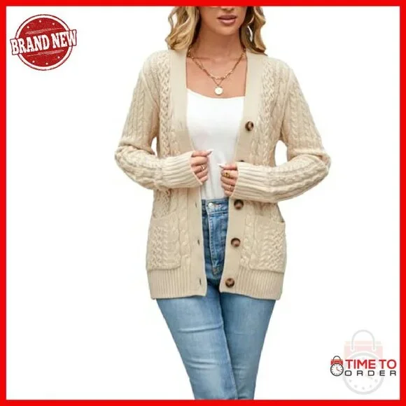 Chunky Cable Knit Cardigan Open Front Button Down Pockets Women's Sweater - Picture 2 of 8